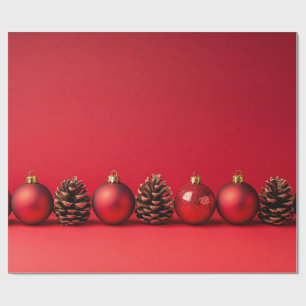 Papier Cadeau Boules de Noël rouges et pommes de pin