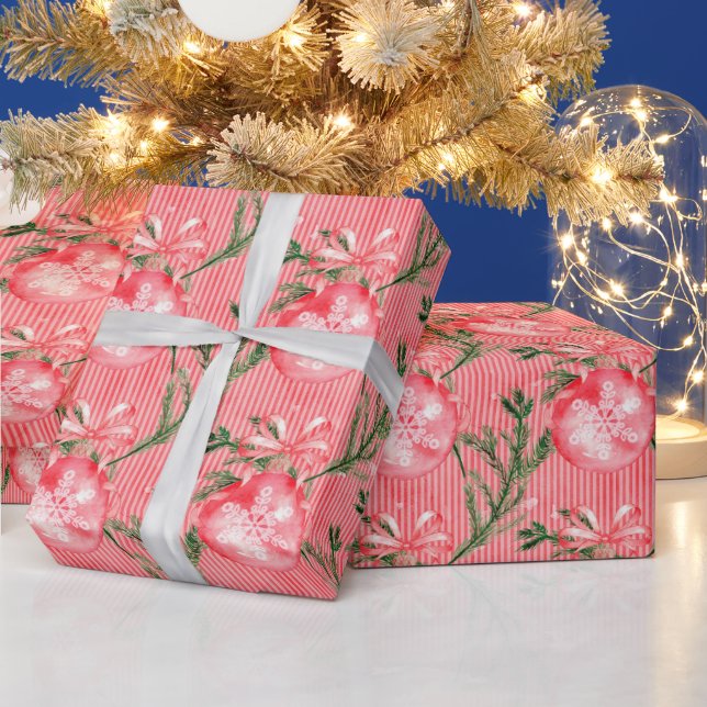 Papier Cadeau Boules de Noël rouges et rayures rouges et blanche (Vacances)