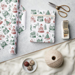 Papier Cadeau Boules de Noël Rouges Vertes Nostalgiques Vintage