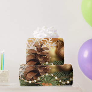 Papier Cadeau Boules dorées élégantes, pommes de pin, flocon de