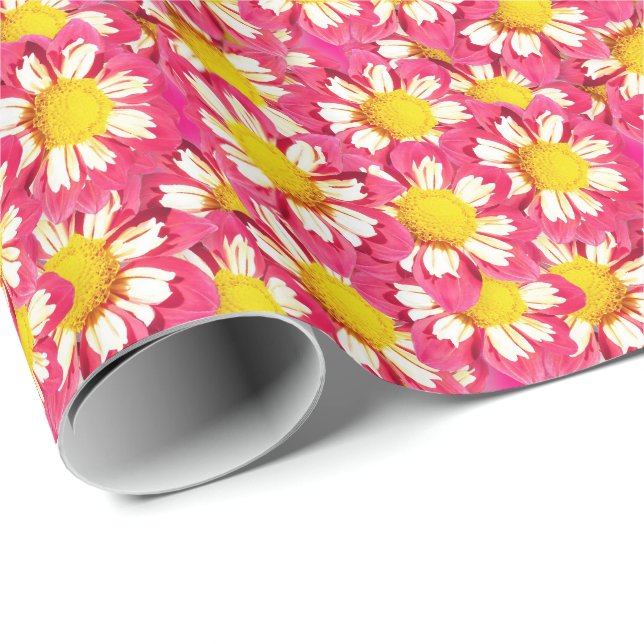Papier Cadeau Bouquet Dahlia - corail et blanc avec jaune (Coin rond)