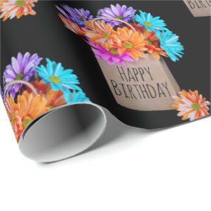 Papier Cadeau Bouquet Daisy Anniversaire En Noir