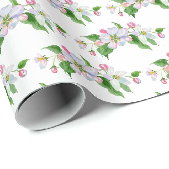 Papier Cadeau bouquet d'aquarelle en fleur de pomme (Coin rond)