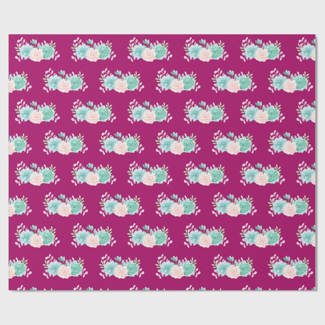 Papier Cadeau Bouquet de fleurs rose et vert Pastel sur Magenta  (Plat)