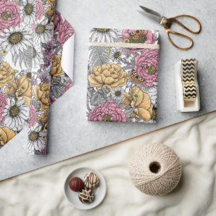 Papier Cadeau Bouquet de fleurs - roses, pivoines, marguerites e