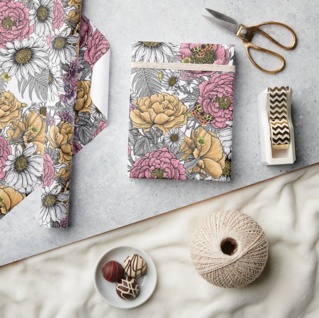 Papier Cadeau Bouquet de fleurs - roses, pivoines, marguerites e (Artisanat)