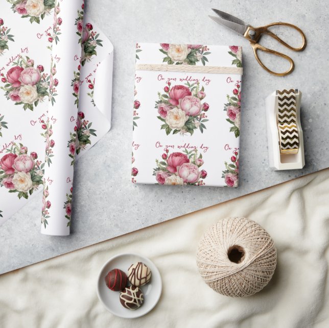 Papier Cadeau Bouquet de mariage avec des pivoines roses, rouges (Artisanat)