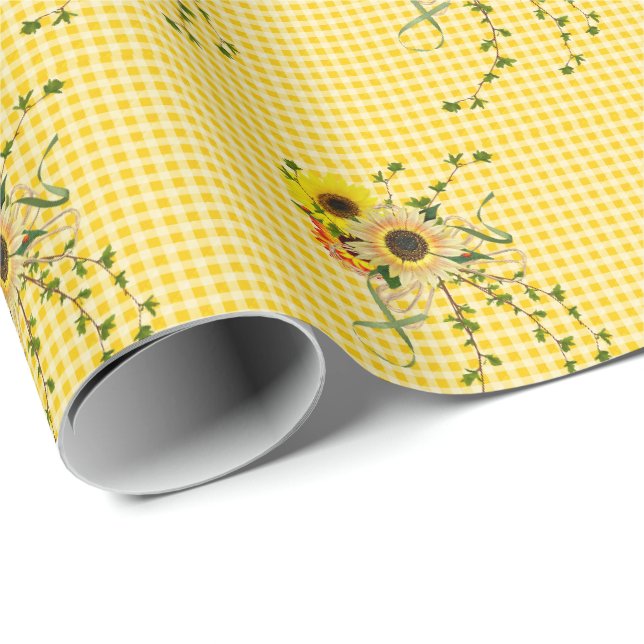 Papier Cadeau bouquet de tournesol sur en vichy (Coin rond)