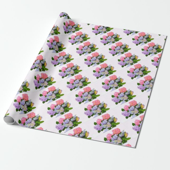 Papier Cadeau Bouquet d'hortensia bleu rose violet élégant (Déroulé)