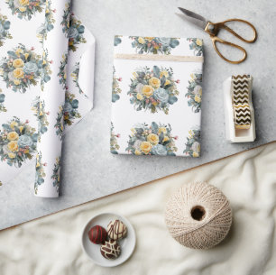 Papier Cadeau Bouquet Mariage de Roses Bleues et Jaunes