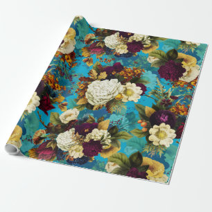 Papier Cadeau bouquets de fleurs antiques avec rose sur motif bl
