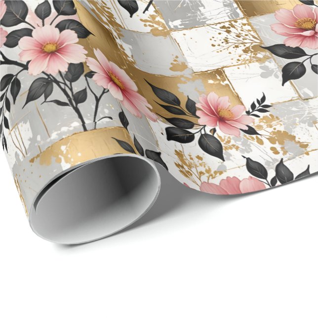 Papier Cadeau Bouquets de fleurs roses avec or et Carrés blancs (Coin rond)