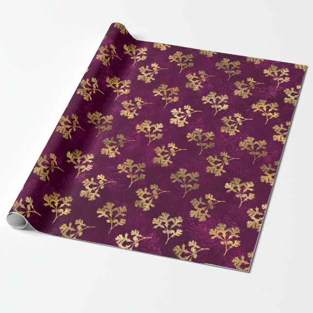 PAPIER CADEAU BOURGOGNE AVEC FEUILLES DE PARSLEY D'OR (Déroulé)