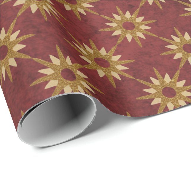 Papier Cadeau Bourgogne avec Motif Gold Stars (Coin rond)
