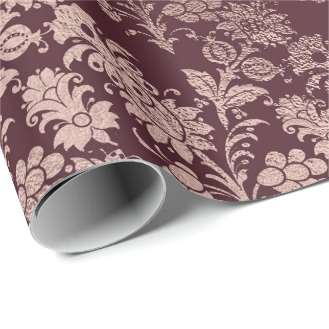 Papier Cadeau Bourgogne Maron Rose Rose Or Royal Floral (Coin rond)