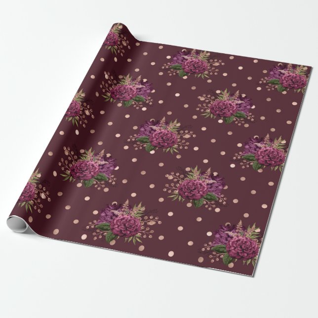 Papier Cadeau Bourgogne - Marsala et Rose Gold Floral (Déroulé)
