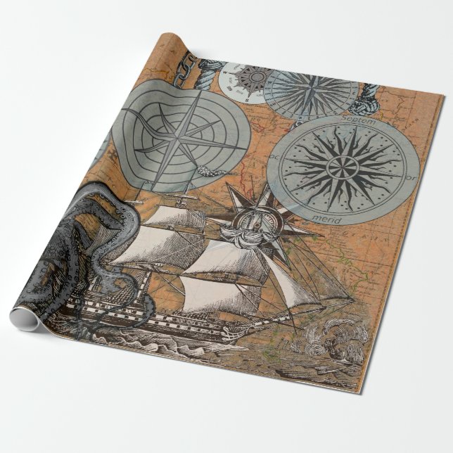 Papier Cadeau Boussole Rose Vintage Nautique Octopus Ship (Déroulé)