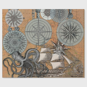 Papier Cadeau Boussole Rose Vintage Nautique Octopus Ship