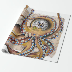 Papier Cadeau Boussole vintage de carte de poulpe Brown