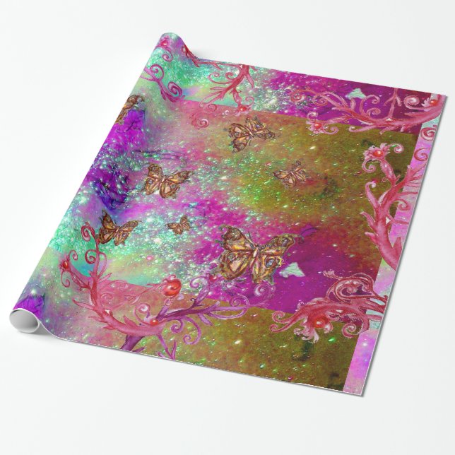 PAPIER CADEAU BOUTEILLES EN OR TURQUOISE BLEU PURPLE SPARKLES (Déroulé)