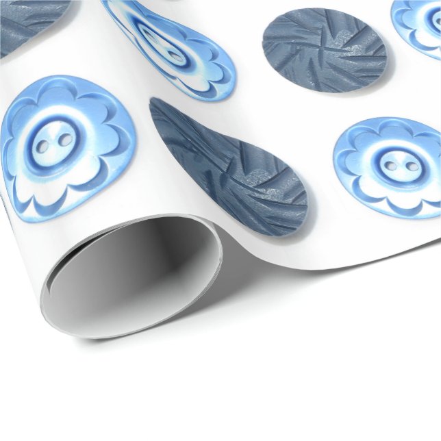 Papier Cadeau Boutons bleus fantaisie Motif sur blanc (Coin rond)