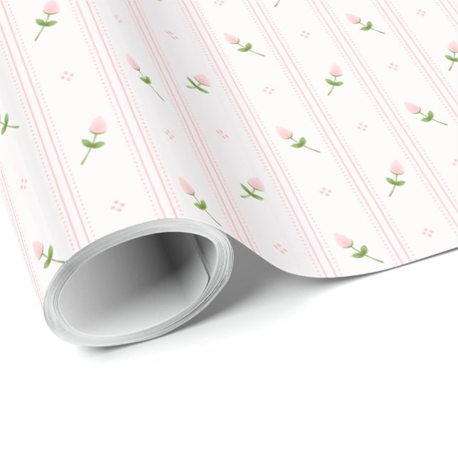 Papier Cadeau Boutons de rose roses avec des rayures (Coin rond)