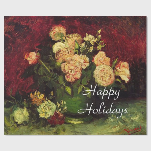 Papier Cadeau Bowl avec Peonies et Roses, Vincent van Gogh. (Plat)