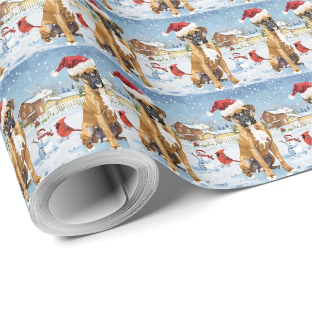 Papier Cadeau Boxer Chien Winter Wonderland Noël Joie (Coin rond)