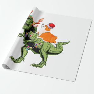 Papier Cadeau Boy Kid Père Noël corgi équitation T-rex Dinosaur 