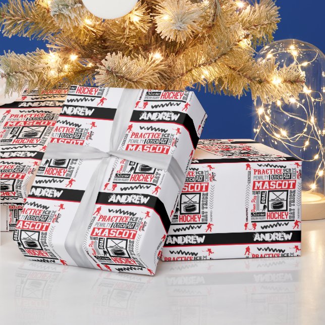 Papier Cadeau Boys Hockey Terminologie Personnalisée (Vacances)