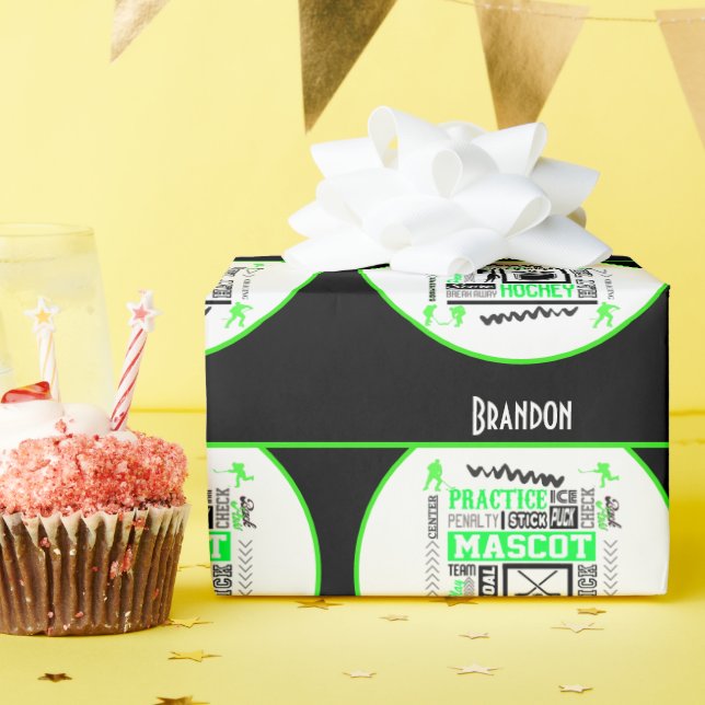 Papier Cadeau Boys Hockey Terminologie Personnalisée Neon Green (Fête d'anniversaire)
