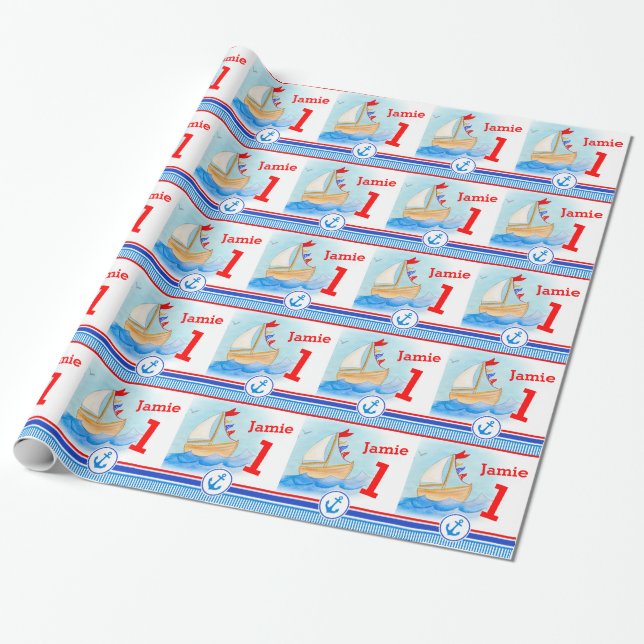 Papier Cadeau Boys nom peint voilier bateau 1er anniversaire env (Déroulé)