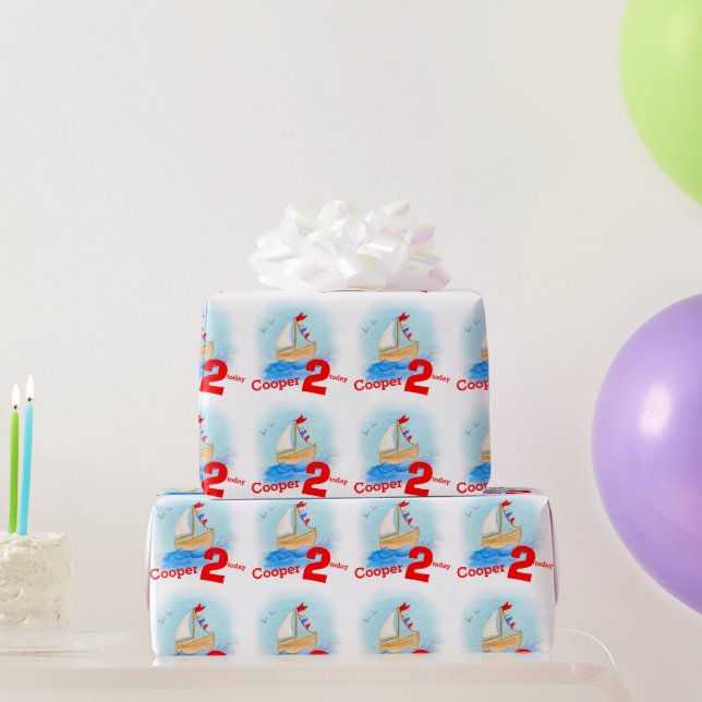 Papier Cadeau Boys nommé bateau à voile peint 2e anniversaire en (Cadeaux de fête)