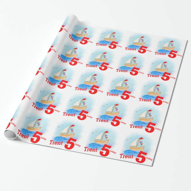 Papier Cadeau Boys nommé bateau à voile peint 5e anniversaire en (Déroulé)