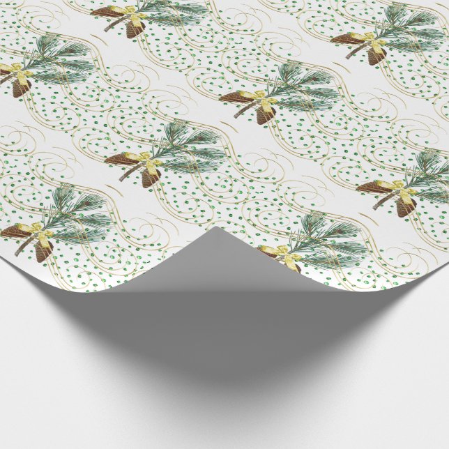 Papier Cadeau Branche à feuillage persistant et Bow doré (Coin)
