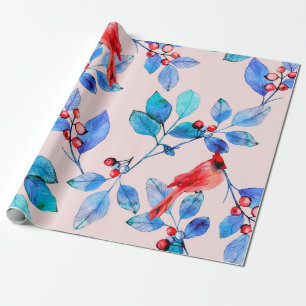 Papier Cadeau Branche avec baies et oiseaux aquarelle illustrée