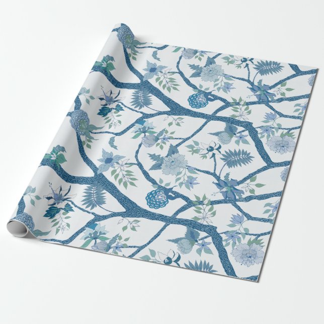Papier Cadeau Branche de pivoine en verts bleus (Déroulé)