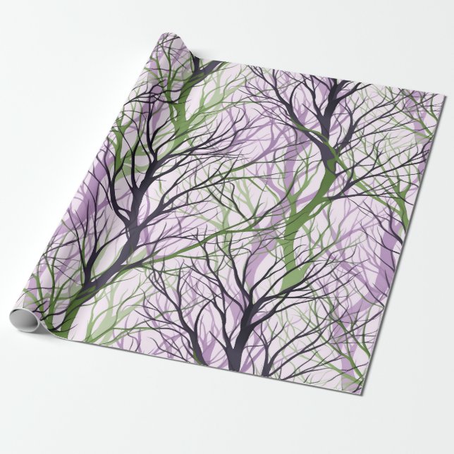 Papier Cadeau Branches Abstraites d'arbres verts violet (Déroulé)