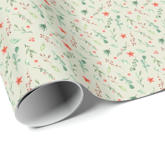 Papier Cadeau Branches d'aquarelle et baies Holly Noël (Coin rond)