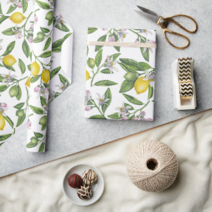 Papier Cadeau Branches de citron avec fleurs et fruits sur blanc