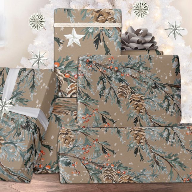 Papier Cadeau Branches de genévriers bleus Kraft rustique Cones  (Blue Juniper Branches Cones & Red Berries Holiday Christmas Kraft Wrapping Paper Rolls)