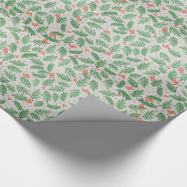 Papier Cadeau Branches et baies de pins rouges verts NOËL (Coin)