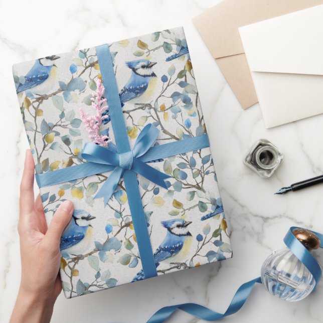 Papier Cadeau Branches et fleurs d'oiseaux Blue Jays (Cadeaux)