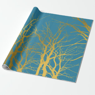 Papier Cadeau Branches Gold Tree Motif Arrière - plan bleu