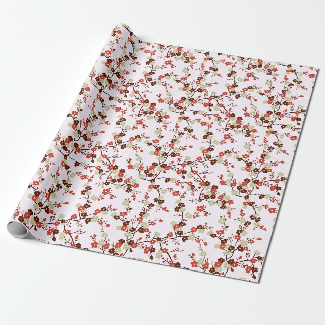 Papier Cadeau Branches of red small flowers in blossom pattern (Déroulé)