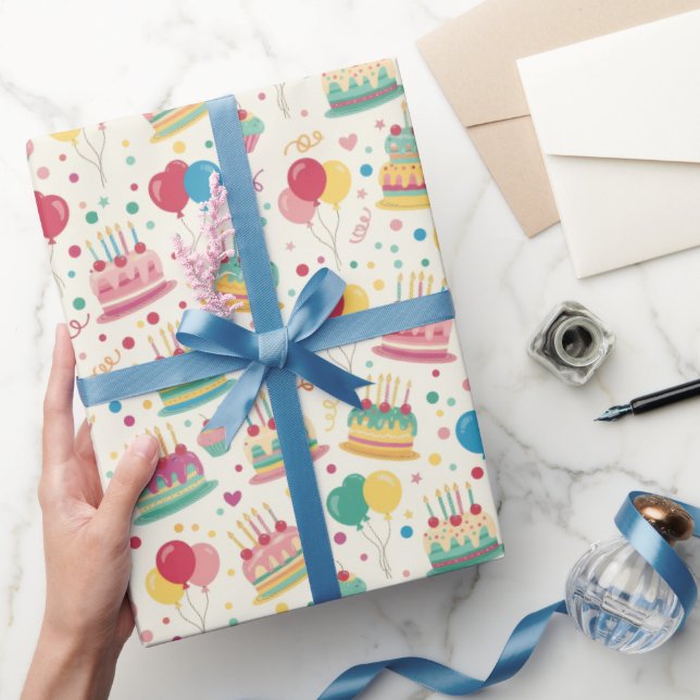 Papier Cadeau Bright Birthday Cakes and Balloons Wrapping Paper (Cadeaux)