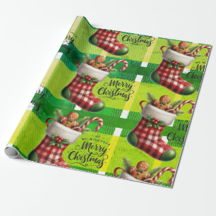 Papier Cadeau Bright Green Noël Plaid Fêtes Gingerbread 