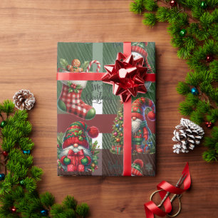 Papier Cadeau Bright Green Noël Plaid Gingerbread Gnome