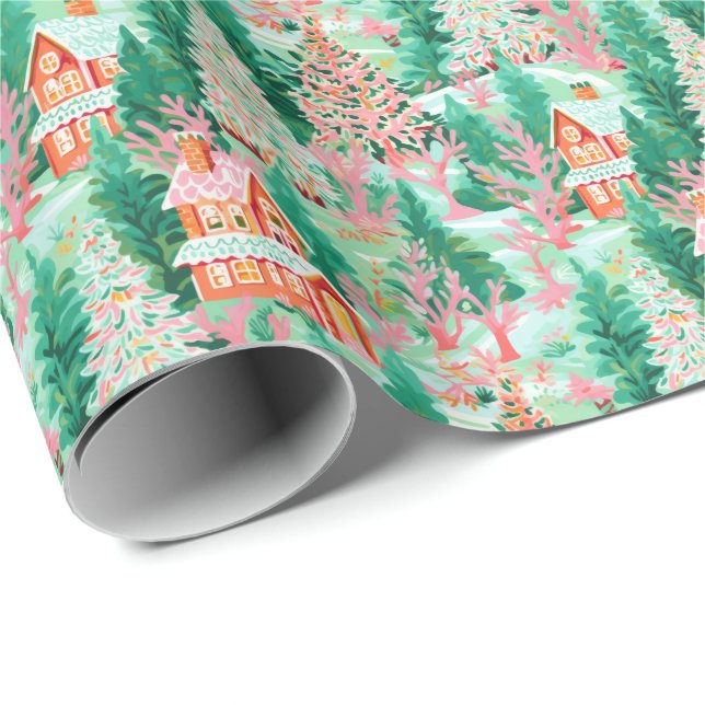 Papier Cadeau Bright Palm Beach Gingpain de Noël Maisons (Coin rond)