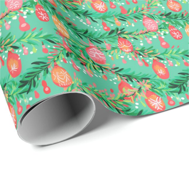 Papier Cadeau Bright Palm Beach Ornements de Noël Aquarelle (Coin rond)